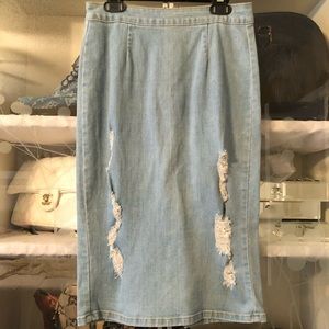 Knee length Distressed jean Skirt